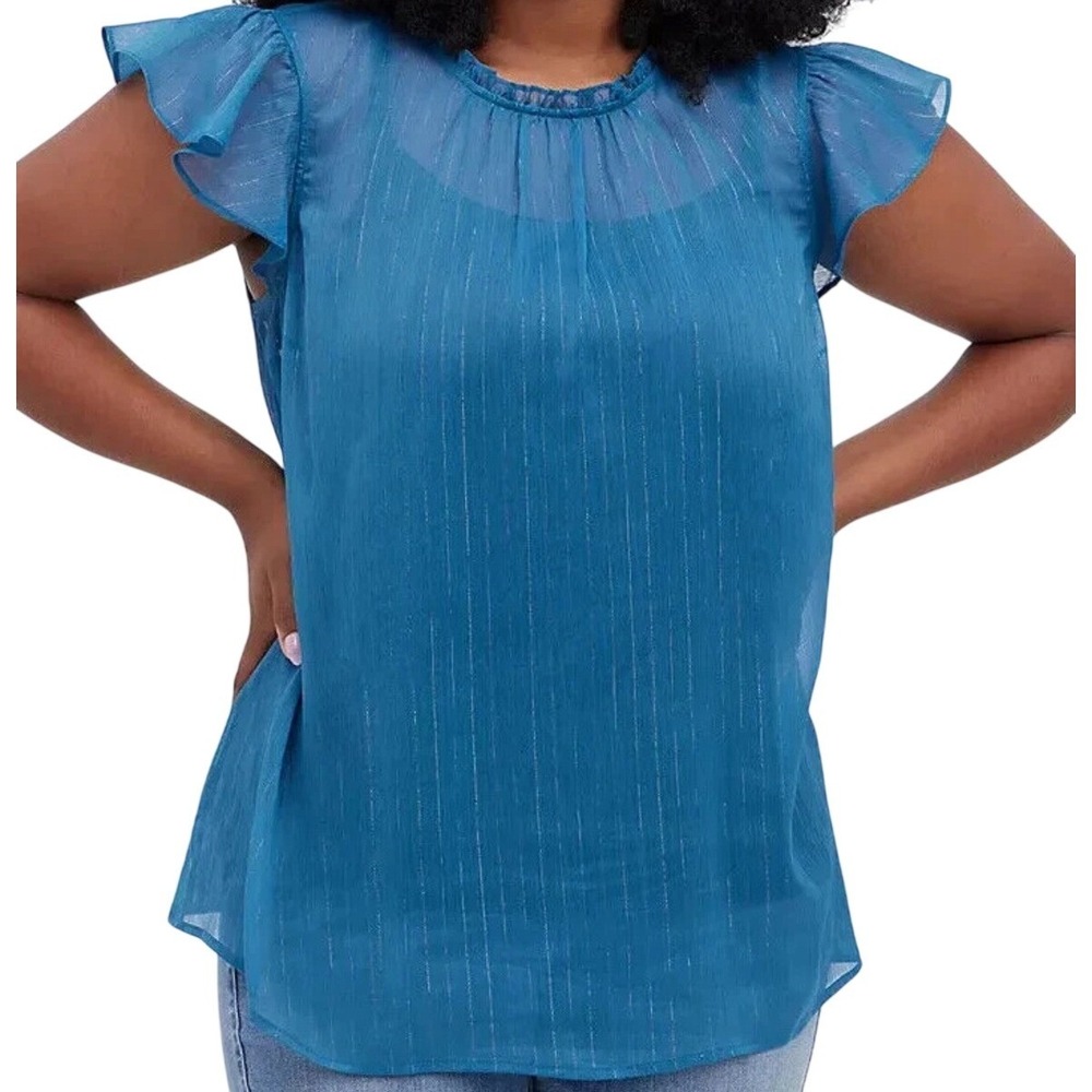 Torrid Blouse Women 00 US 1X Teal Blue Metallic Pinstripe Flutter Sleeve Chiffon